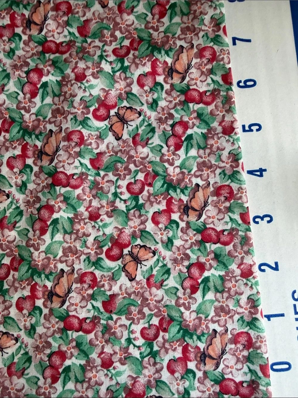Vintage 1990s Cotton Blend Fabric 2 Yards x 44 Apple Floral Butterfly Print
